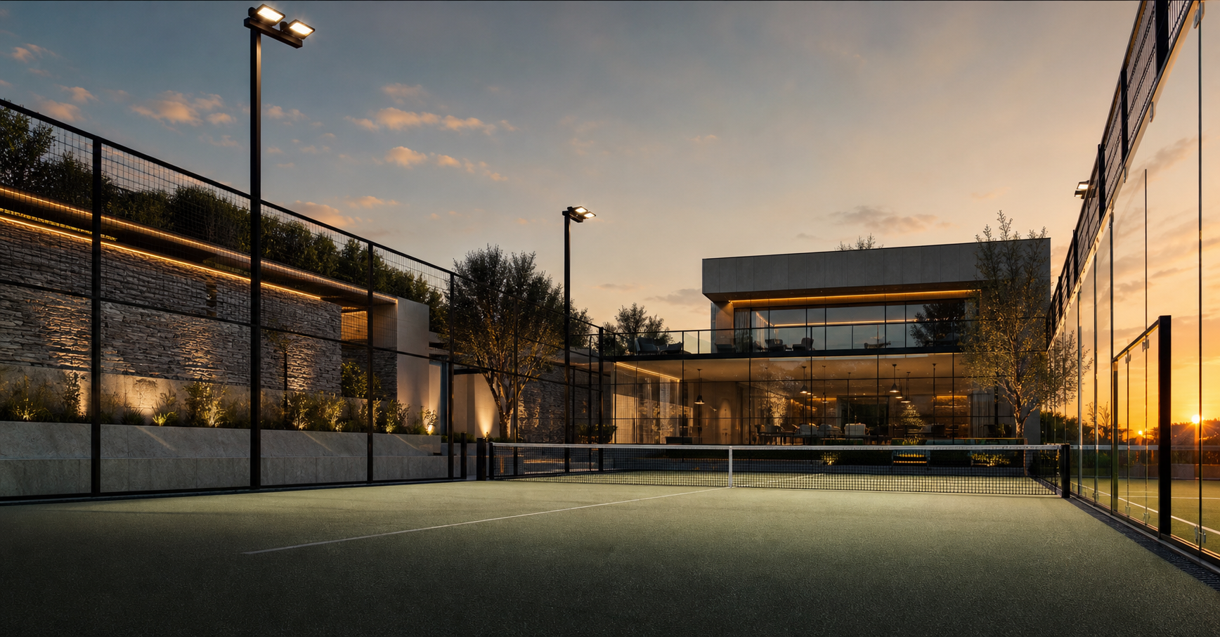 European padel club at golden hour